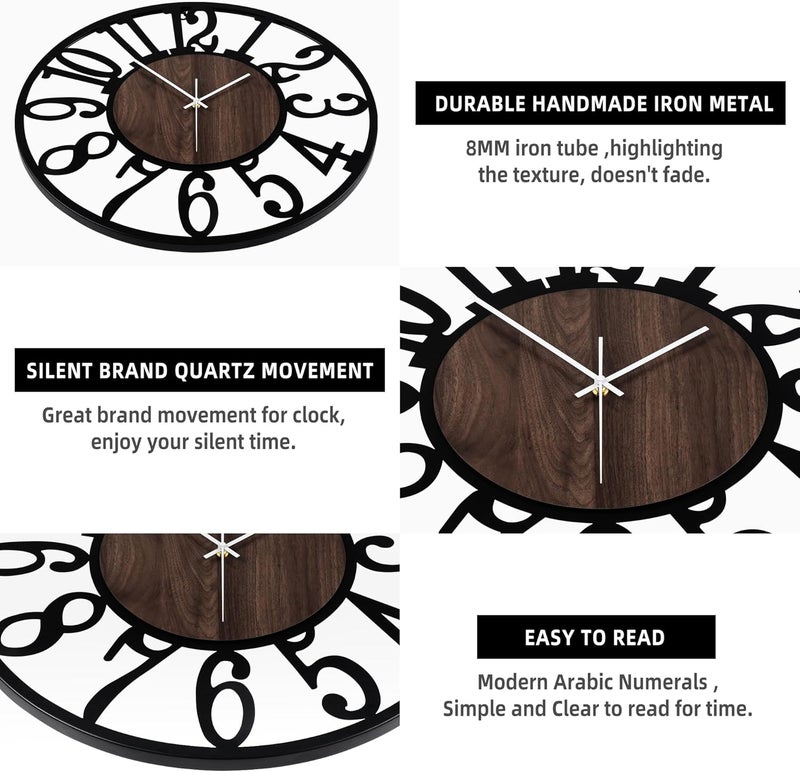 LEIKE Large Wall Clocks,Silent,Non Ticking,Battery Operated Small Vintage Round Modern Wood Wall Clock for Living Room, Bedroom,Kitchen,Farmhouse,Office Decor-13.5 Inch(Black-Arabic Number) - Image 4